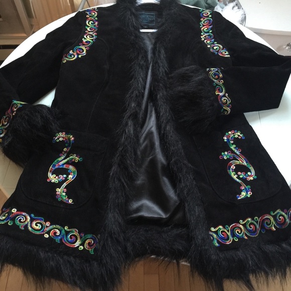 ❤️BLACK suede JACKET COAT faux FUR❤️Embroidered - Picture 2 of 8